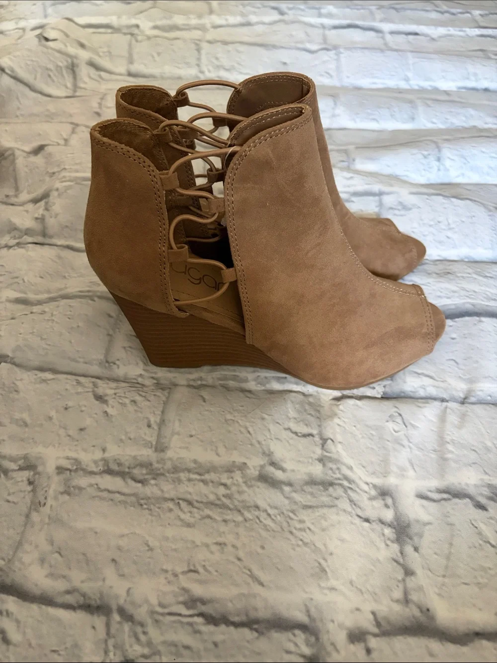 Women's Suede Peep-Toe Wedge Ankle Booties - Tan